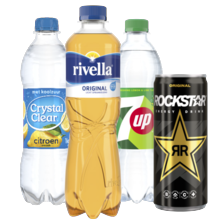 Rivella, Crystal Clear,
7Up of Sourcy flesje à 500 ml
of Rockstar blikje à 250 ml